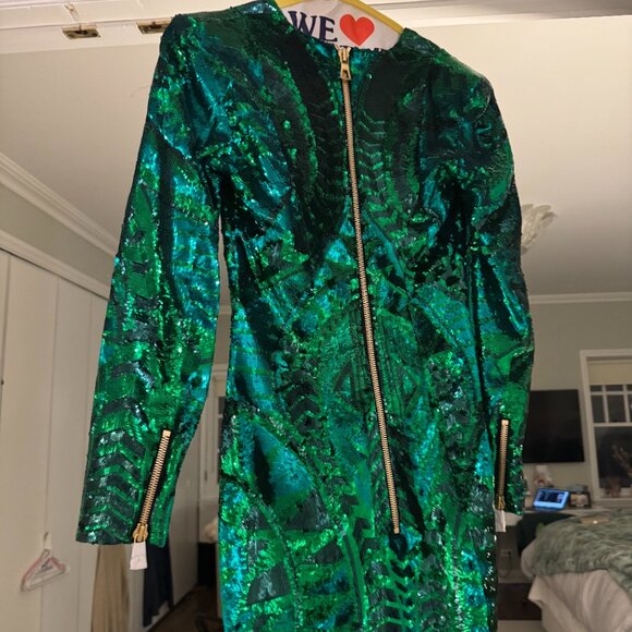 Balmain × H&M 2015 Runway Emerald Green Sequin Zipper Plunge Dress Size 2 NWT - Picture 13 of 14